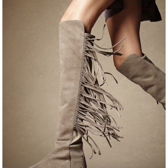 Stuart Weitzman •6• Mane Fringe Over the Knee Taupe Beige Suede 50/50 Boots NEW - Picture 3 of 16